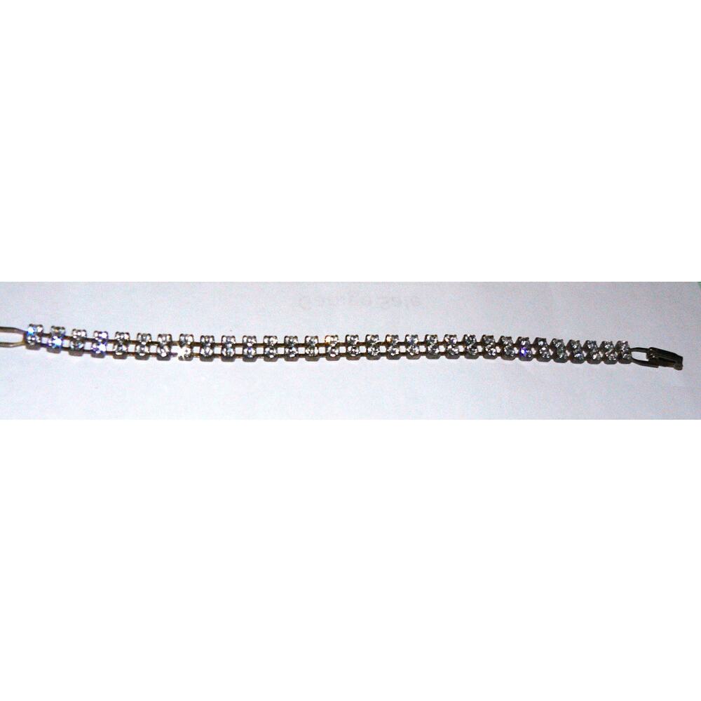 Vintage Rhinestone Double Row Tennis Bracelet Silver Band for Women 6.5" MCM - Picture 3 of 6